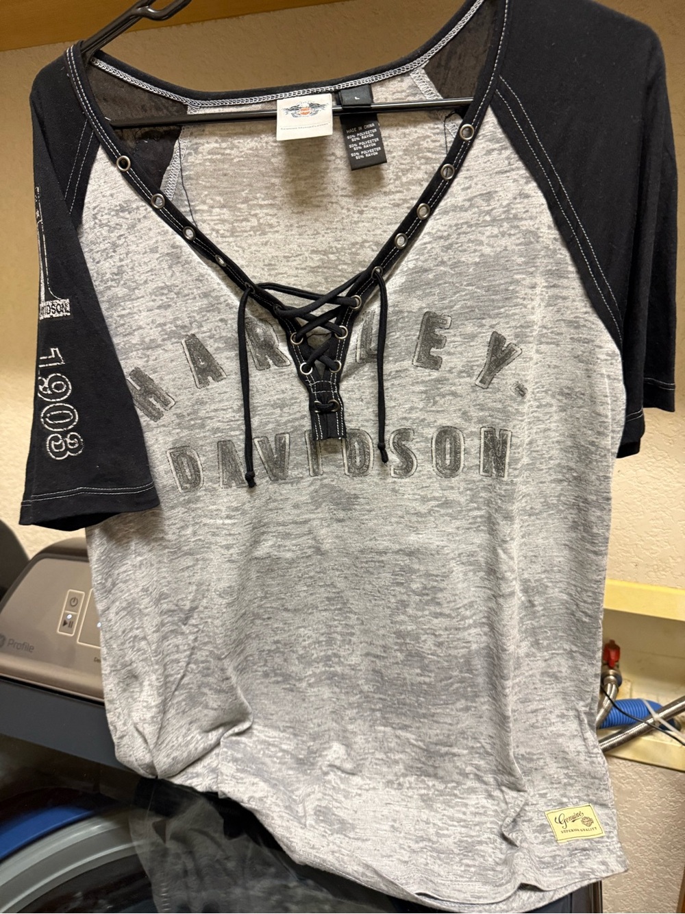 Harley-Davidson Gray Heather and Black Lace-Up Raglan Tee
